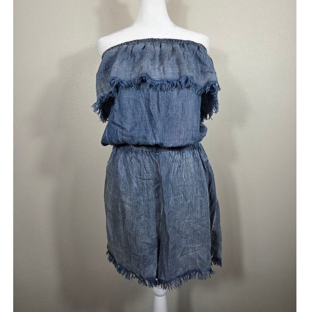 Easel Los Angeles Distressed Off The Shoulder Denim Romper Blue Size Large